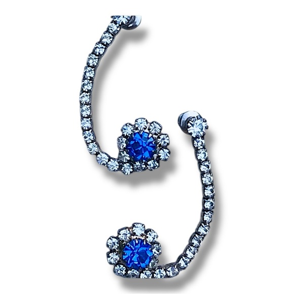 Vintage 90s Faux Diamond & Sapphire Swirl drop party Earrings - Picture 2 of 10